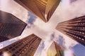 Looking up at Chicago`s building in financial district, IL, USA. Vintage tinted Royalty Free Stock Photo