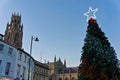 Looking up at a Christmas tree and Boston stump in the background Royalty Free Stock Photo