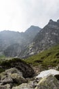 Looking up at cloudy mountain peaks