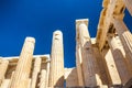 Looking up at a columns of Propylaea gateway in Acropolis of Athens, Greece Royalty Free Stock Photo