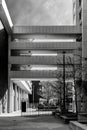 Looking up at the facade of a modern building in Manhattan, New York City, USA, black and white Royalty Free Stock Photo