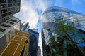 Looking up at the Gherkin building in the City of London, UK