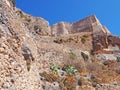 Looking up at the hilltop fortress of Monemvasia, Greece