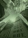 Looking up at the historic buildings of the Financial District in Manhattan, New York City with green color effect Royalty Free Stock Photo