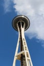 Looking up at the historical landmark, the Seattle Space Needle, from the ground in Washington