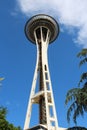 Looking up at the historical landmark, the Seattle Space Needle, from the ground in Washington