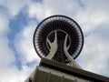 Looking up at iconic Space Needle during day