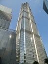 Looking up at The Jin Mao Tower. Shanghai, China. October 25, 2018. Royalty Free Stock Photo