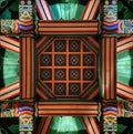 Looking up at the colorful ceiling of a Korean Pagoda.