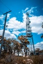 Looking up at large antenna and fire tower in Australia.