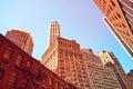 Looking up at Manhattan buildings, color toned picture, New York City, USA Royalty Free Stock Photo