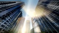 Looking up at Manhattan skyscrapers at sunset, New York City, USA Royalty Free Stock Photo