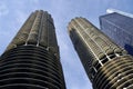 Looking up at The Marina City Buildings. Designed by Bertrand Goldberg, 1968. Chicago, Illinois, USA. Sptember 16, 2016. Royalty Free Stock Photo