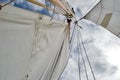 Looking up the mast of a gaff rigged sailing yacht