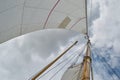 Looking up the mast of a gaff rigged sailing yacht