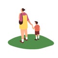 Looking up mother and boy stand on grass back view. Family staring at sky during walk outdoor. Woman and boy hold hands Royalty Free Stock Photo