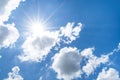 Looking up at Nice blue sky with sun beam behind big cloud