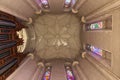 Looking up at the ornate ceiling, stained glass windows and Kathleen McClendon Organ pipes inside the Duke University Chapel Royalty Free Stock Photo