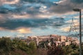 Looking up at the Parthenon on the Accropolis in Athens Greece under sunset sky with Christmas tree street decoration in Royalty Free Stock Photo