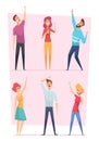 Looking up. People pointing in sky group of happy characters vector illustrations