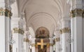 View of the richly embellished walls and ceiling above the altar of the Jesuitenkirche church in Heidelberg