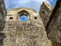 View from below of ruined chapel walls, Roche Rock, Cornwall