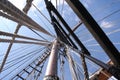 Looking up sailing ship mast into the rigging - strong perspective