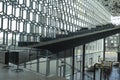 Looking up the stairway on the second floor of the interior of Harpa (Harpan), Reykjavik\'s concert hall