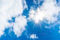 Looking up at sun ray behind cloud with light flare and blue sky