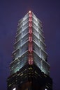 Looking up Taipei 101 Taipei World Financial Center a landmark supertall skyscraper in Xinyi District, Taiwan at night.