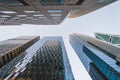 Looking up at tall high skyscraper buildings in San Francisco in the Financial District, California