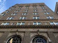 Looking up tall vintage brick building downtown Atlanta