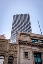 Looking up Telus Sky in downtown Calgary