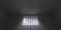 Looking up to blue sky from prison cell or gaol through window with metal bars, crime, imprisonment or penitentiary concept