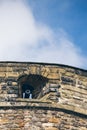 Looking up towards one of the many defensive outposts on the walls of Edinburgh Castle, Scotland