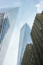 Looking up at upper part of One WTC and nearby buildings