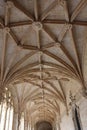 Looking up at the vaulted ceiling of Interior courtyard of the Jeronimos Monastery