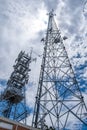 Looking up at a very tall antenna and the sky.