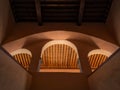 Looking up view of the archs of the main steps of the ex-convent Centro Cultural `El Nigromante` in San Miguel de Allende