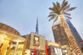 Looking up view of illuminated palm trees, Dubai Mall and Burj Khalifa facade at dusk.