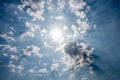 Looking up view of panorama blue sky with clouds and sun reflect Royalty Free Stock Photo