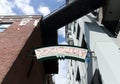 Looking up at walls and roofs  of Post Alley, Pike Place Market, Seattle Royalty Free Stock Photo