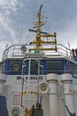 Looking up at the wheelhouse and Vessel Navigation Mast of a small Offshore Supply Vessel