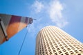 Looking upward at a round building with open drawbridge gate Royalty Free Stock Photo