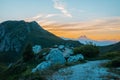 Looking from valparola pass towards the peak and other mountains in the evening hours with sunset behind the hills visible, Royalty Free Stock Photo