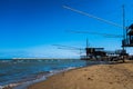 Looking at view of two fishing Trabocchi on sight close to the pier at the Port of Pescara Abruzzo Region, Italy. Royalty Free Stock Photo