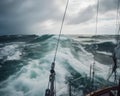 Looking on the waves with white foam from the yacht deck. Approaching storm in the sea. Generative AI