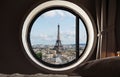 Looking through window, Eiffel tower famous landmark in Paris, France