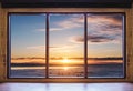 Looking through window in the morning sunrise, wooden window frame with desk