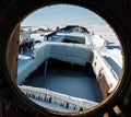 Looking through the window of old frozen ship Royalty Free Stock Photo